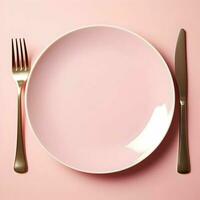 Pink ceramic plate with fork and knife lying next to on pink background. High resolution. AI Generative photo