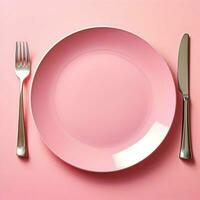 Pink ceramic plate with fork and knife lying next to on pink background. High resolution. AI Generative photo