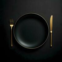 Minimalistic black ceramic plate with metalic fork and knife. High-resolution. AI Generative photo