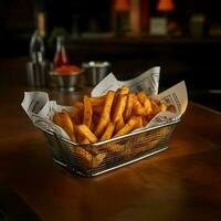 Fries in rectangle wire basket of seasoned pub. High-resolution. AI Generative photo