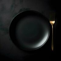 Minimalistic black ceramic plate with metalic fork. High-resolution. AI Generative photo