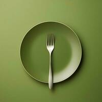 Minimalistic green ceramic plate with metal fork and knife. Top view. Highresolution. Ai generative photo