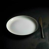 Minimalistic black and white ceramic plate with metal fork and knife. Back view. High-resolutionAi generative photo