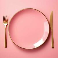 Pink ceramic plate with fork and knife lying next to on pink background. High resolution. AI Generative photo