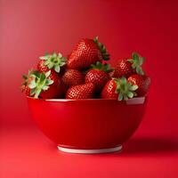 Red bowl with fresh strawberry on a red background. High quality. AI Generative photo