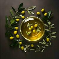 Top view arrangement with olive oil and leaves. High quality. AI Generative photo