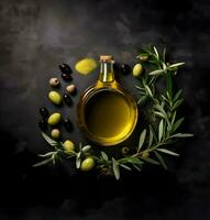 Top view arrangement with olive oil and leaves. High resolution. AI Generative photo