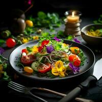 Fresco gastrónomo ensalada con orgánico vegetales y hierbas. alto calidad. ai generativo foto