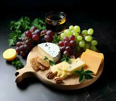 Organic grape and cheese on wooden platter. High-resolution. AI Generative photo