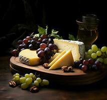 Organic grape and cheese on wooden platter. High-resolution. AI Generative photo