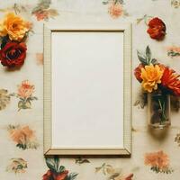 Polaroid frame photo mockup scrapbook in flowers. High-resolution. AI Generative