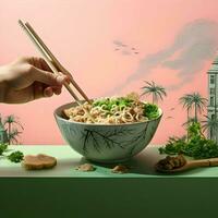 A hand holding a bowl full of ramen noodles and chops. High quality. AI Generative photo