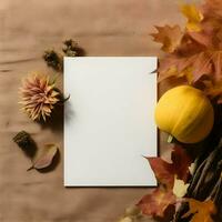 Card mockup blank laying on autumn background. High-resolution. AI Generative photo