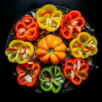 Top view of cut bell peppers with garlic. Ai generative photo