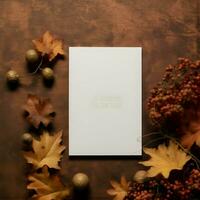 Card mockup blank laying on autumn background. High quality. AI Generative photo