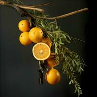 Dried citrus on spruce twig. High-resolution. AI Generative photo