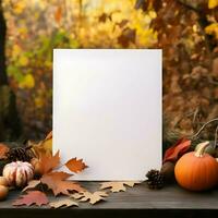 Card mockup blank laying on autumn background. High-resolution. AI Generative photo