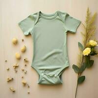 Sage green baby body suit on a table. Mock-up. High quality. AI Generative photo