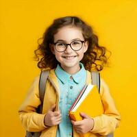 A school girl in glasses smiling holding a textbook. High-resolution. AI Generative photo