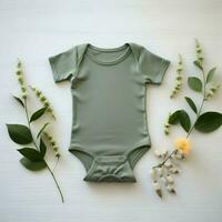 Sage green baby body suit on a table. Mock-up. High quality. AI Generative photo