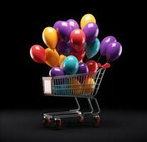 Black Friday poster with balloons and shopping cart. High quality. AI Generative photo