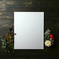 Blank canvas mockup A4 format black background with flowers. High quality. AI Generative photo