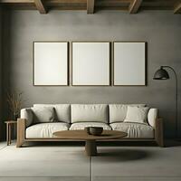 Three wall art mockup empty blank canvas sitting on top of sofa. High-resolution. AI Generative photo