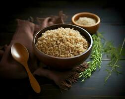 Brown Rice in a bowl with a wooden spoon. High quality. AI Generative photo