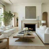 A white living room in California open concept design. High quality. AI Generative photo