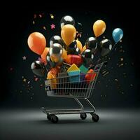 Black Friday poster with balloons and shopping cart. High-resolution. AI Generative photo