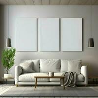 Three wall art mockup empty blank canvas sitting on top of sofa. High-resolution. AI Generative photo