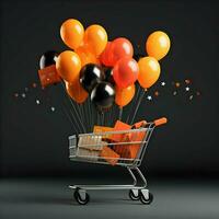 Black Friday poster with balloons and shopping cart. High quality. AI Generative photo