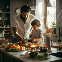 papá con niño Cocinando en el blanco cocina. alto calidad. ai generativo foto