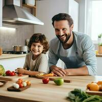 sonriente papá con 5 años niño Cocinando en el blanco cocina. alta resolución. ai generativo foto
