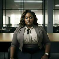Plus-size dark skin manager. High quality. AI Generative photo