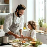 Smiling dad with 5-year child cooking on the white kitchen. High quality. AI Generative photo