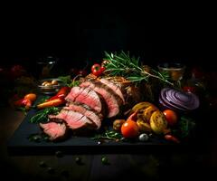 Sliced well-done meat with vegetables on a dark background.  High-resolution. AI Generative photo