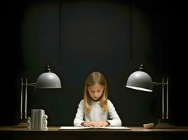 moderno niña aprendizaje a el mesa con el monitor. minimalismo alta resolución. ai generativo foto