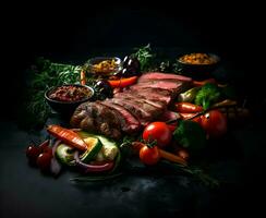 Sliced well-done meat with grilled vegetables on a dark background. High quality. AI Generative photo