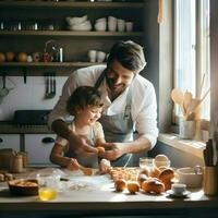 papá con un 5 años de edad niño Cocinando en el blanco cocina. alto calidad. ai generativo foto