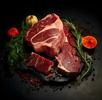 Raw meat on a dark background. High quality. AI Generative photo