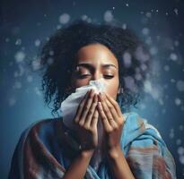 Close-up of woman blowing nose on blue background. High quality. AI Generative photo