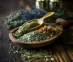 Dried medicinal herbs on a wooden spoon. High-resolution. AI Generative photo