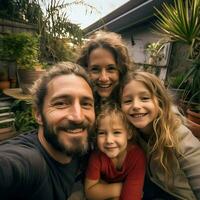 joven familia de Tres tomando selfie en el patio interior. alta resolución. ai generativo foto