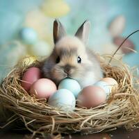 A close shot of a cute Easter baby bunny sitting in a nest of colored eggs on a pastel background. High-resolution. AI Generative photo
