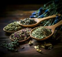 Dried medicinal herbs on a wooden spoon. High quality AI Generative photo