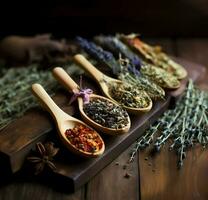 Dried medicinal herbs on a wooden spoon. High quality AI Generative photo
