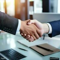 Business people shaking hands in office close shot. High-resolution. AI Generative photo