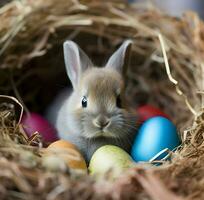 un cerca Disparo de un linda Pascua de Resurrección bebé conejito sentado en un nido de de colores huevos en un pastel antecedentes. alto calidad. ai generativo foto