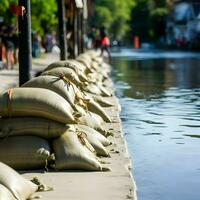 Close shot of flood Protection Sandbags. High-resolution. AI Generative photo